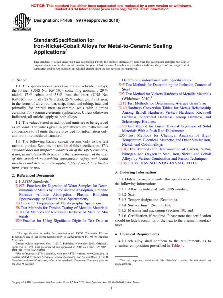 ASTM F1466-99(2010) - Standard Specification for Iron-Nickel-Cobalt Alloys for Metal-to-Ceramic Sealing Applications