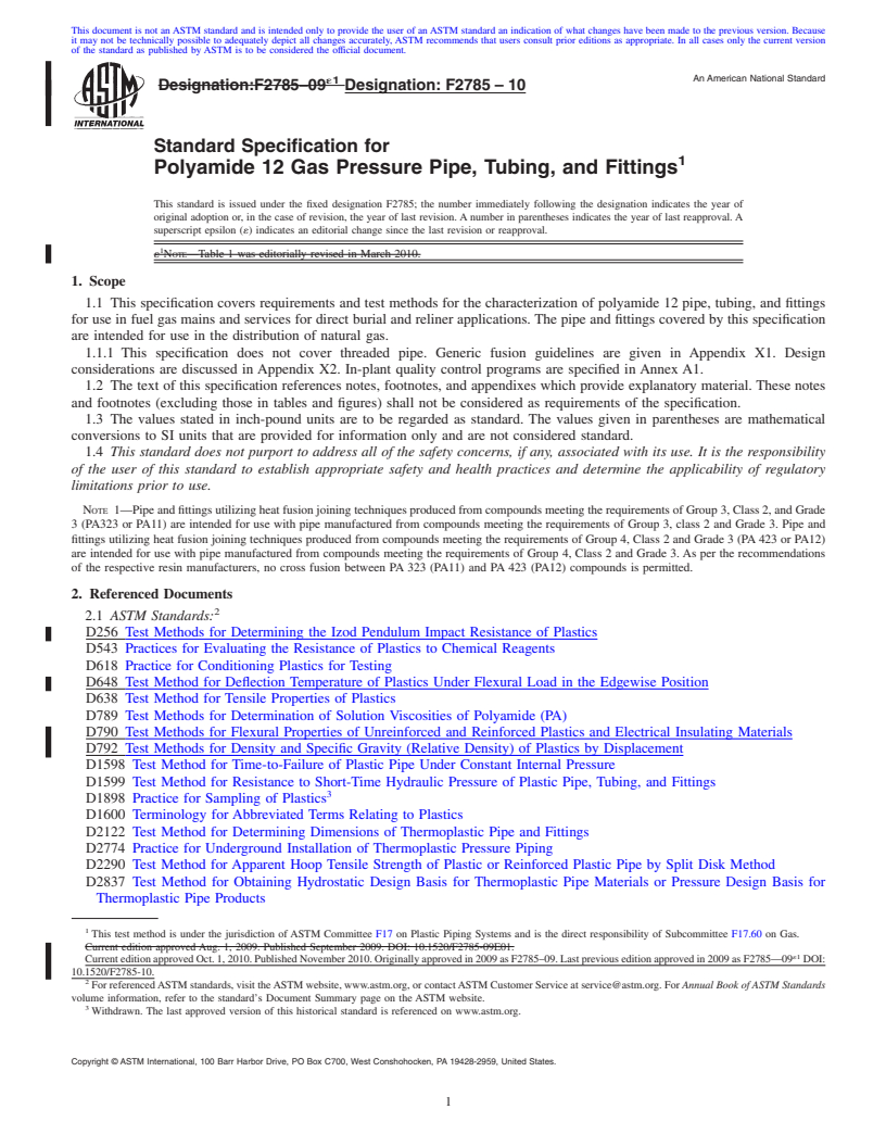 REDLINE ASTM F2785-10 - Standard Specification for Polyamide 12 Gas Pressure Pipe, Tubing, and Fittings