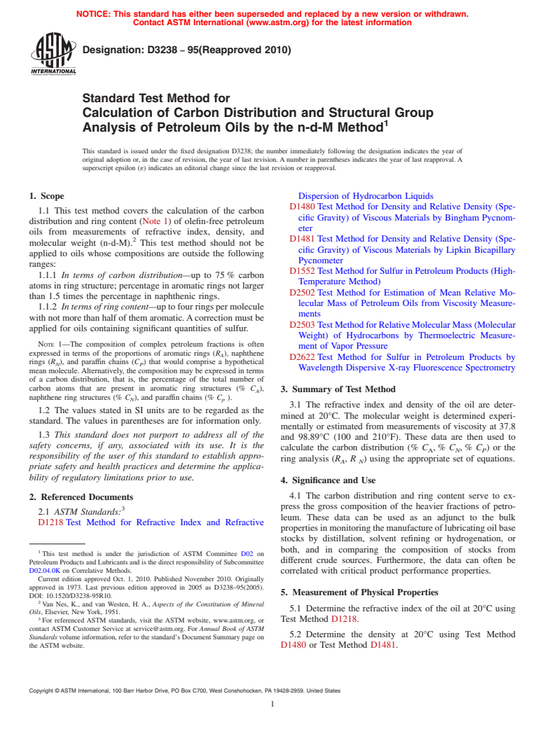 ASTM D3238-95(2010) - Standard Test Method for Calculation of Carbon Distribution and Structural Group Analysis of Petroleum Oils by the n-d-M Method