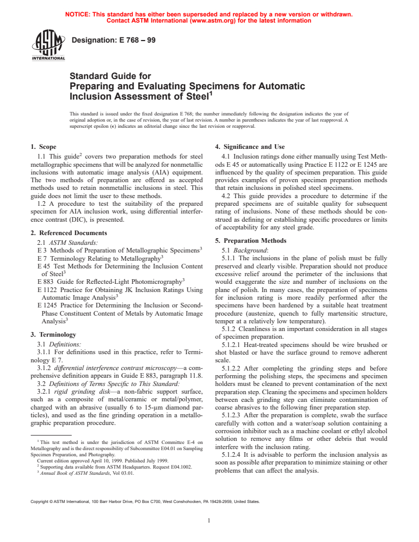 ASTM E768-99 - Standard Practice for Preparing and Evaluating Specimens for Automatic Inclusion Assessment of Steel