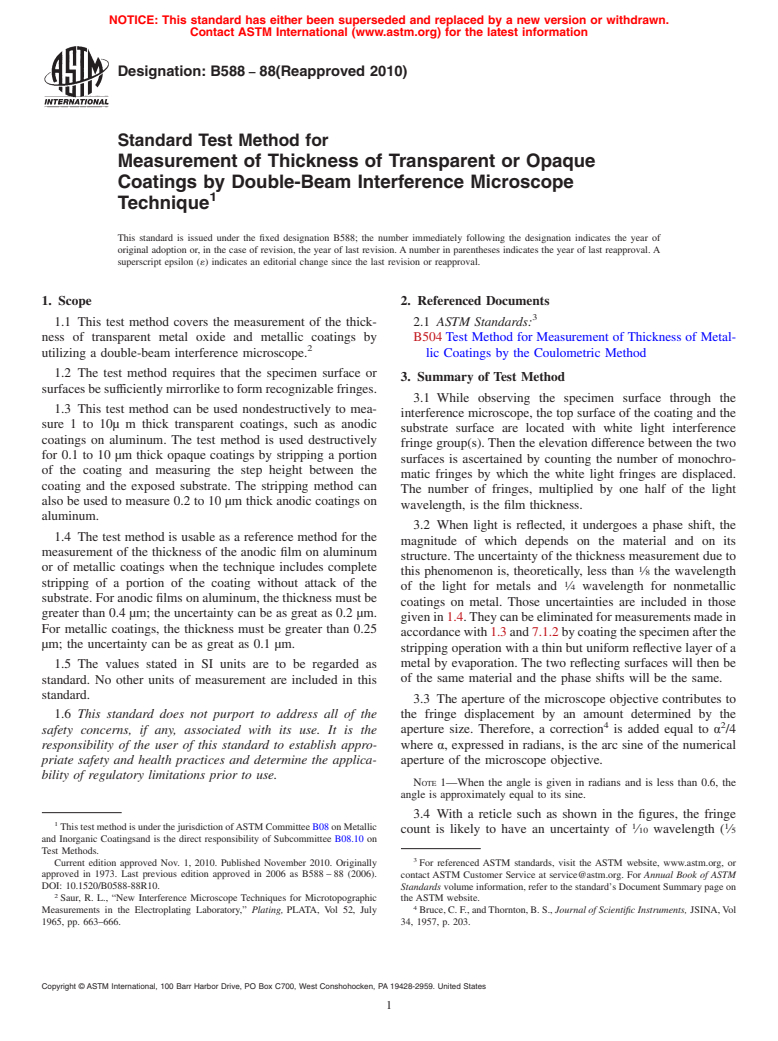 ASTM B588-88(2010) - Standard Test Method for Measurement of Thickness of Transparent or Opaque Coatings by Double-Beam Interference Microscope Technique (Withdrawn 2016)