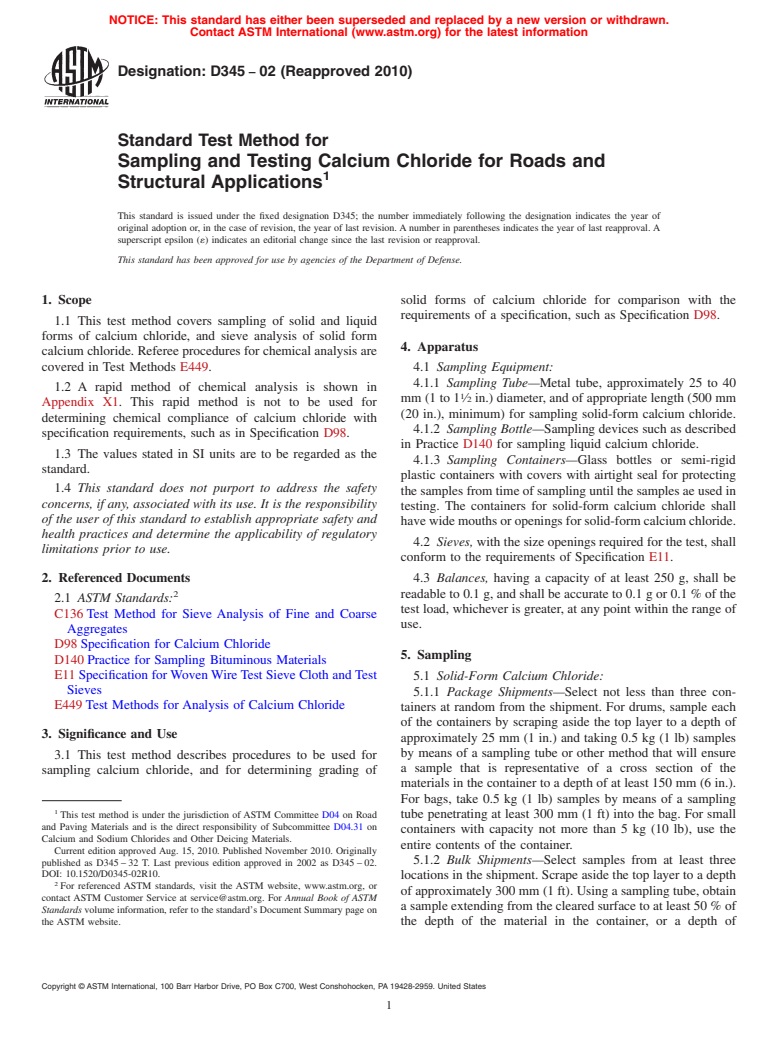 ASTM D345-02(2010) - Standard Test Method for Sampling and Testing Calcium Chloride for Roads and Structural Applications (Withdrawn 2019)