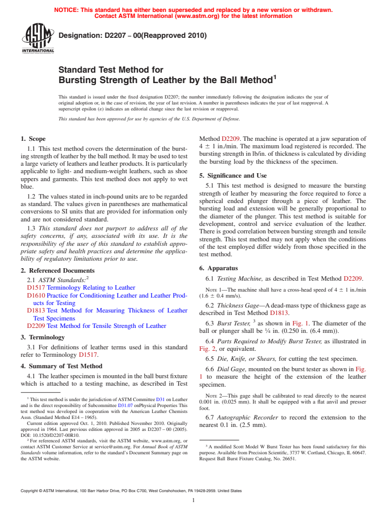 ASTM D2207-00(2010) - Standard Test Method for Bursting Strength of Leather by the Ball Method