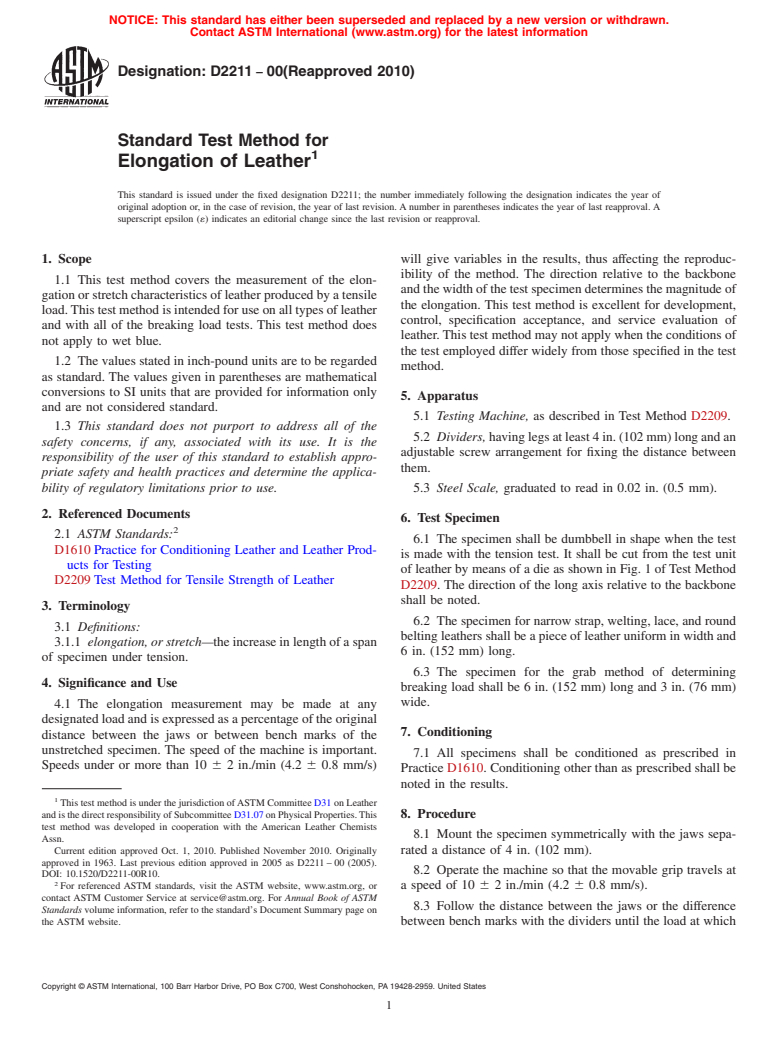 ASTM D2211-00(2010) - Standard Test Method for Elongation of Leather