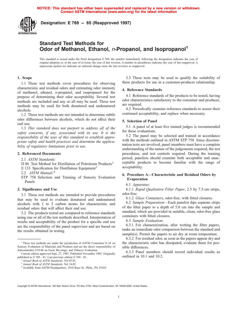 ASTM E769-85(1997) - Standard Test Methods for Odor of Methanol, Ethanol, n-Propanol, and Isopropanol