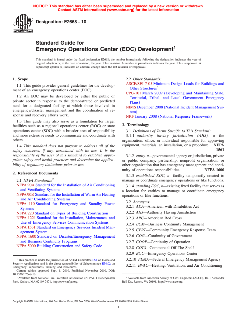 ASTM E2668-10 - Standard Guide for Emergency Operations Center (EOC) Development (Withdrawn 2019)