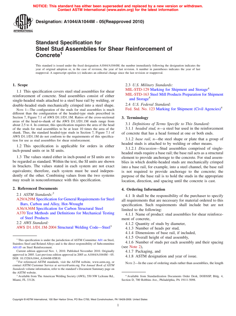 ASTM A1044/A1044M-05(2010) - Standard Specification for Steel Stud Assemblies for Shear Reinforcement of Concrete