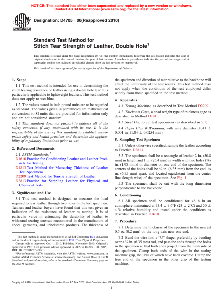 ASTM D4705-00(2010) - Standard Test Method for Stitch Tear Strength of Leather, Double Hole