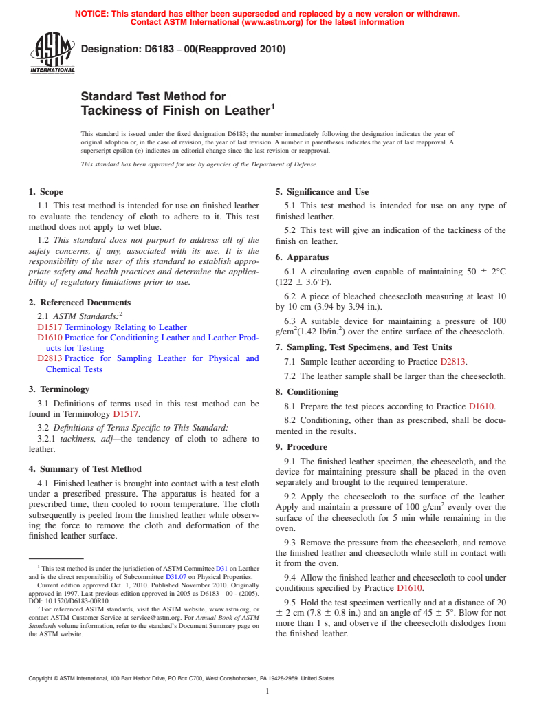 ASTM D6183-00(2010) - Standard Test Method for Tackiness of Finish on Leather