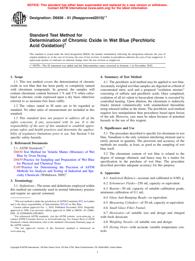 ASTM D6656-01(2010)e1 - Standard Test Method for Determination of Chromic Oxide in Wet Blue (Perchloric Acid Oxidation)