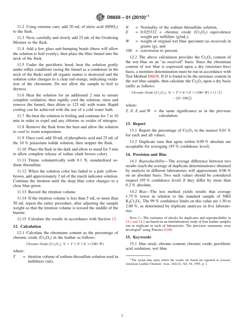 ASTM D6656-01(2010)e1 - Standard Test Method for Determination of Chromic Oxide in Wet Blue (Perchloric Acid Oxidation)