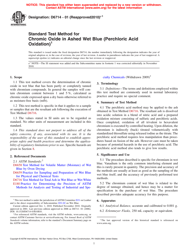ASTM D6714-01(2010)e1 - Standard Test Method for Chromic Oxide in Ashed Wet Blue (Perchloric Acid Oxidation)