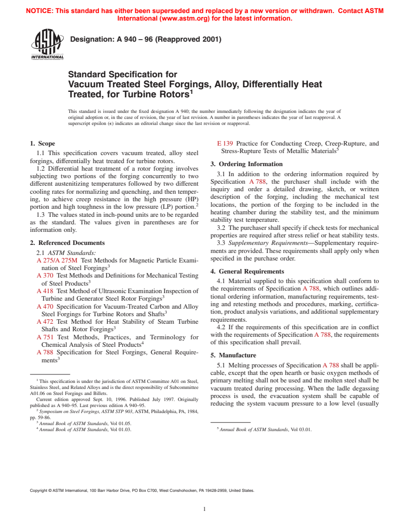 ASTM A940-96(2001) - Standard Specification for Vacuum Treated Steel Forgings, Alloy, Differentially Heat Treated, for Turbine Rotors