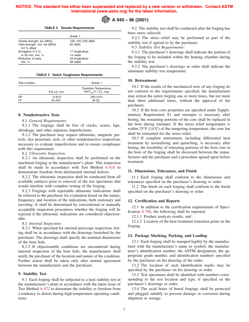 ASTM A940-96(2001) - Standard Specification for Vacuum Treated Steel Forgings, Alloy, Differentially Heat Treated, for Turbine Rotors