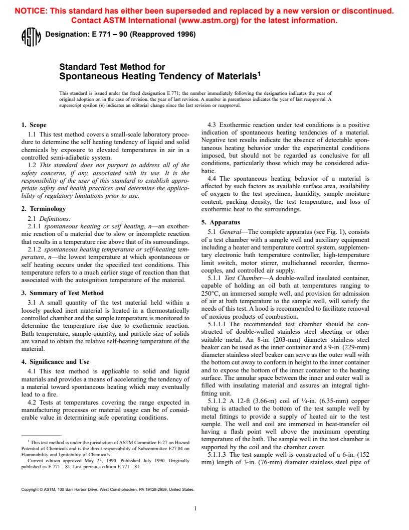ASTM E771-90(1996) - Standard Test Method for Spontaneous Heating Tendency of Materials (Withdrawn 2001)