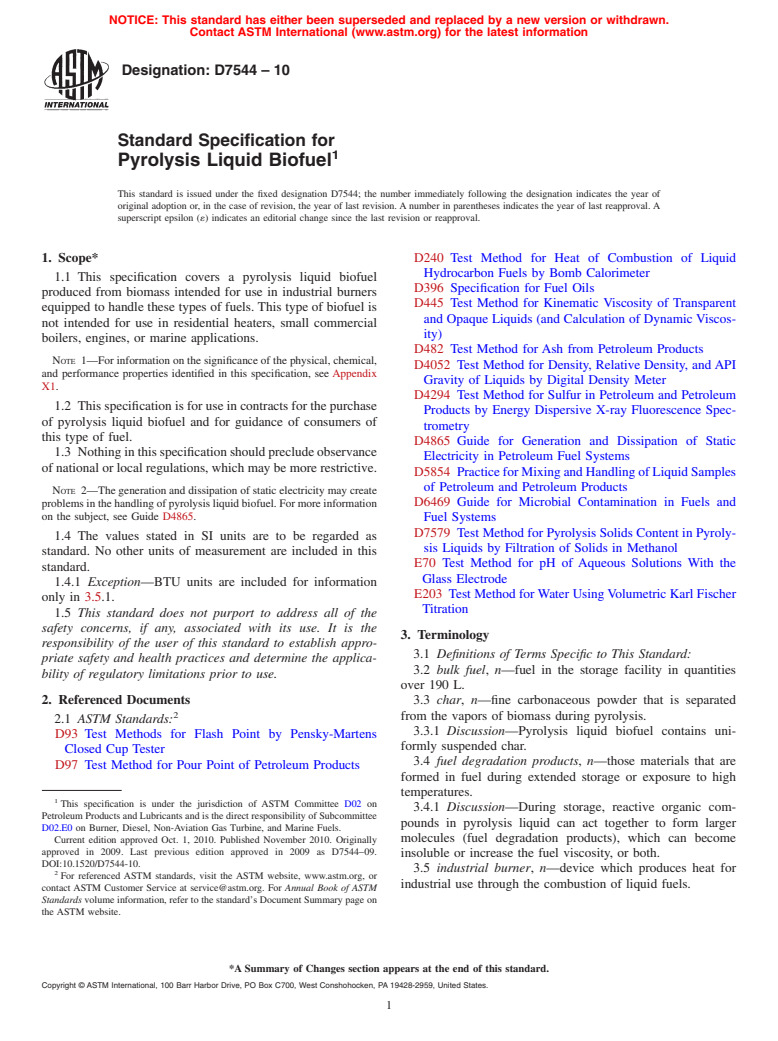 ASTM D7544-10 - Standard Specification for Pyrolysis Liquid Biofuel