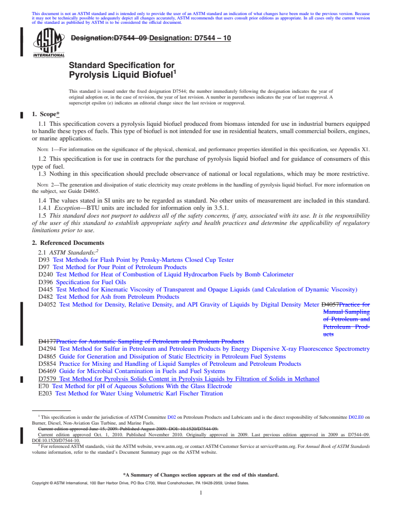 REDLINE ASTM D7544-10 - Standard Specification for Pyrolysis Liquid Biofuel