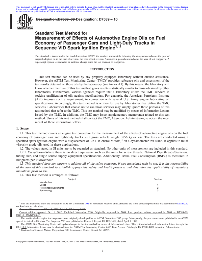 REDLINE ASTM D7589-10 - Standard Test Method for Measurement of Effects of Automotive Engine Oils on Fuel Economy of Passenger Cars and Light-Duty Trucks in Sequence VID Spark Ignition Engine