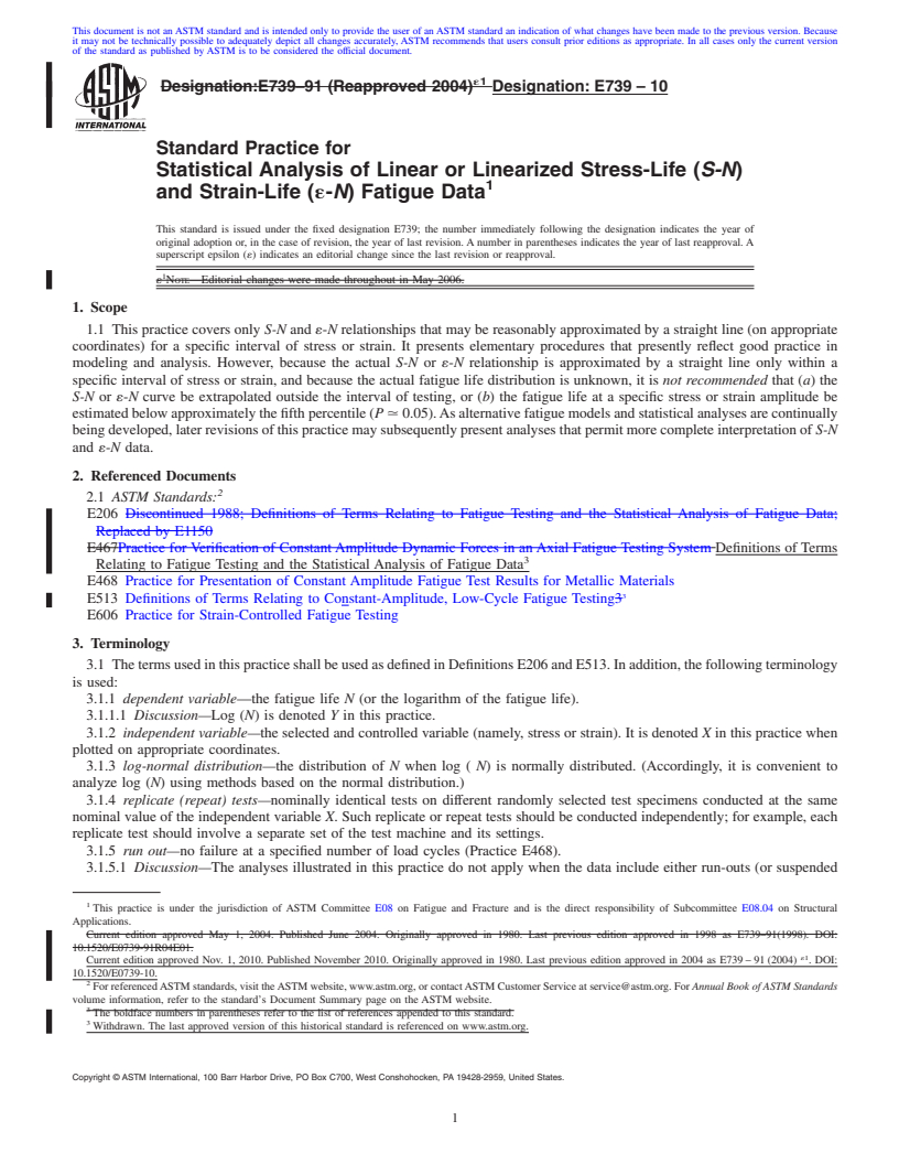 REDLINE ASTM E739-10 - Standard Practice for Statistical Analysis of Linear or Linearized Stress-Life (<bdit>S-N</bdit>) and Strain-Life (<bdit>&#949;-N</bdit>) Fatigue Data