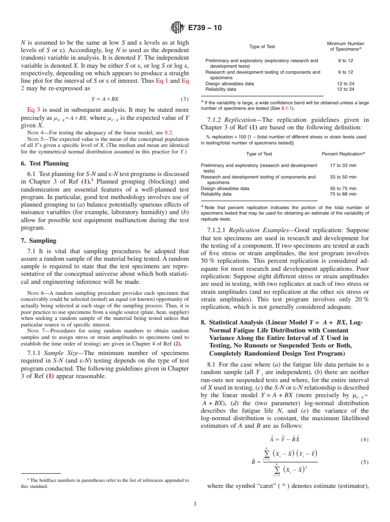 ASTM E739-10 - Standard Practice for Statistical Analysis of Linear or Linearized Stress-Life (<bdit>S-N</bdit>) and Strain-Life (<bdit>&#949;-N</bdit>) Fatigue Data