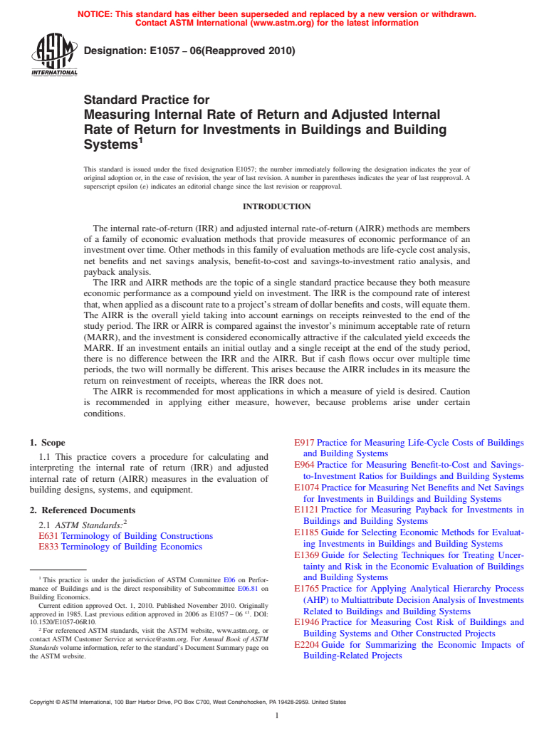 ASTM E1057-06(2010) - Standard Practice for Measuring Internal Rate of Return and Adjusted Internal Rate of Return for Investments in Buildings and Building Systems