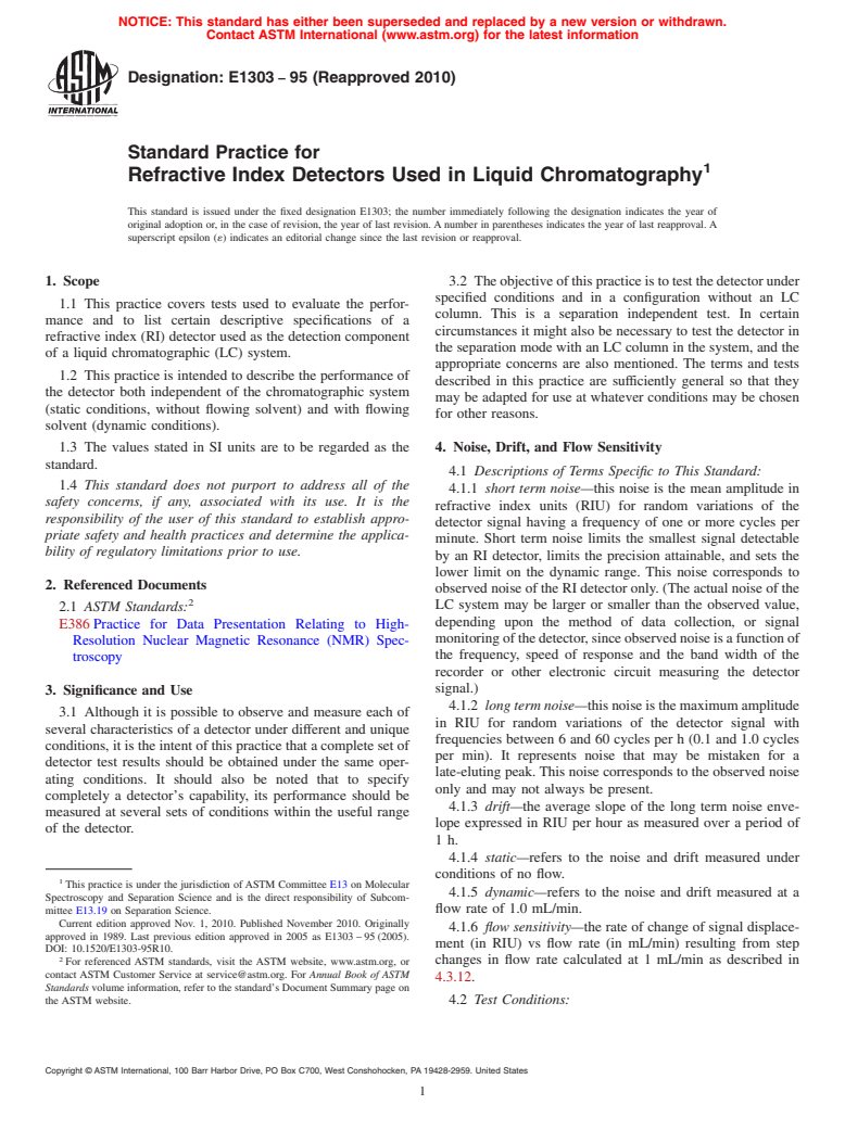 ASTM E1303-95(2010) - Practice for Refractive Index Detectors Used in Liquid Chromatography