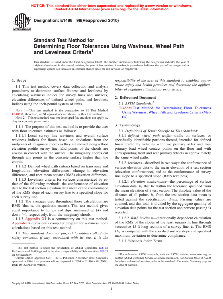 ASTM E1486-98(2010) - Standard Test Method for Determining Floor Tolerances Using Waviness, Wheel Path and Levelness Criteria