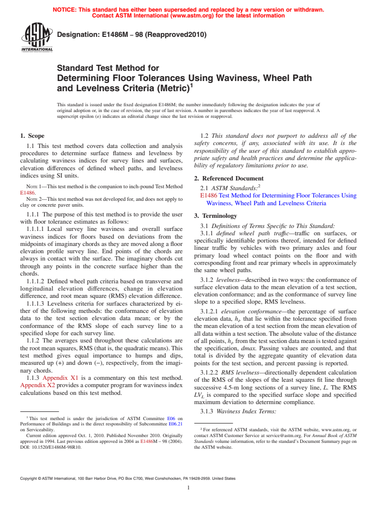 ASTM E1486M-98(2010) - Standard Test Method for Determining Floor Tolerances Using Waviness, Wheel Path and Levelness Criteria [Metric]