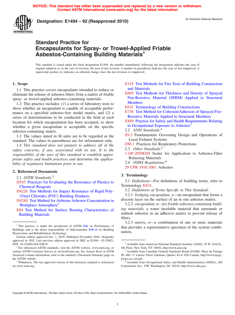 ASTM E1494-92(2010) - Standard Practice for Encapsulants for Spray- or Trowel-Applied Friable Asbestos-Containing Building Materials