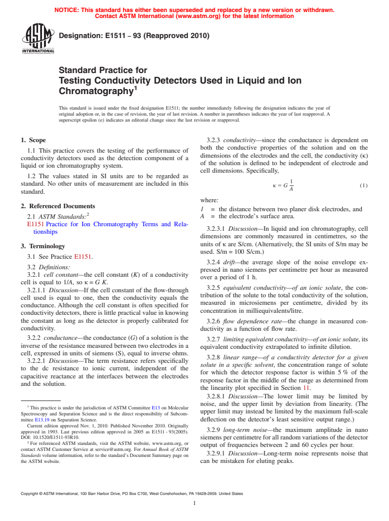 ASTM E1511-93(2010) - Standard Practice for Testing Conductivity Detectors Used in Liquid and Ion Chromatography