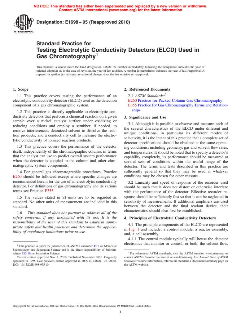 ASTM E1698-95(2010) - Standard Practice for Testing Electrolytic Conductivity Detectors (ELCD) Used in Gas Chromatography