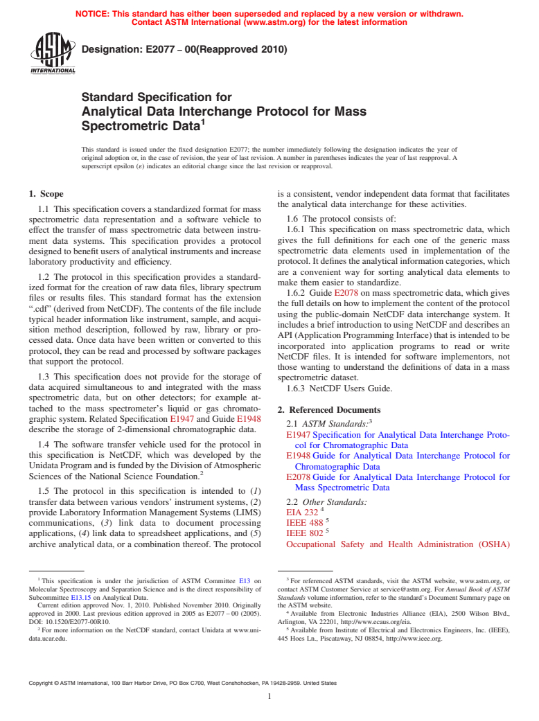 ASTM E2077-00(2010) - Standard Specification for Analytical Data Interchange Protocol for Mass Spectrometric Data