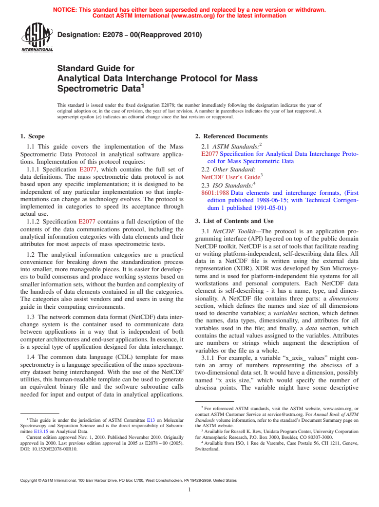 ASTM E2078-00(2010) - Standard Guide for Analytical Data Interchange Protocol for Mass Spectrometric Data