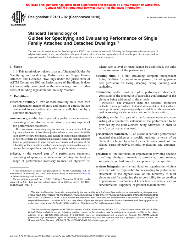 ASTM E2151-02(2010) - Standard Terminology of Guides for Specifying and Evaluating Performance of Single Family Attached and Detached Dwellings (Withdrawn 2019)