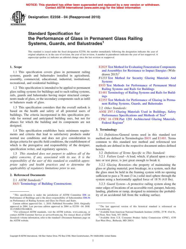 ASTM E2358-04(2010) - Standard Specification for the Performance of Glass in Permanent Glass Railing Systems, Guards, and Balustrades