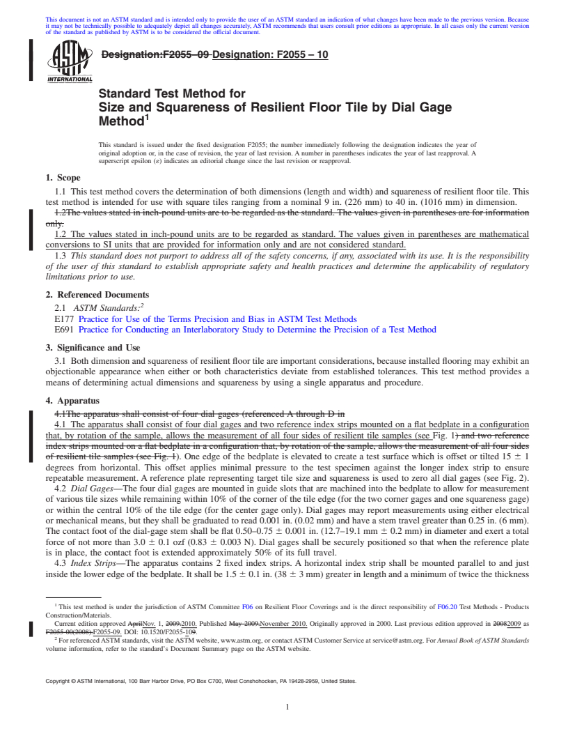 REDLINE ASTM F2055-10 - Standard Test Method for  Size and Squareness of Resilient Floor Tile by Dial Gage Method