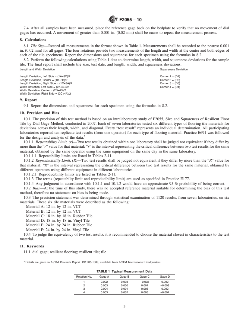 REDLINE ASTM F2055-10 - Standard Test Method for  Size and Squareness of Resilient Floor Tile by Dial Gage Method