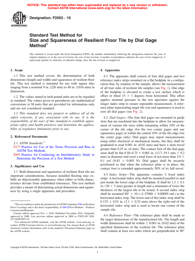 ASTM F2055-10 - Standard Test Method for  Size and Squareness of Resilient Floor Tile by Dial Gage Method