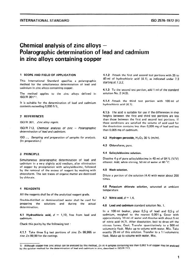 ISO 2576:1972 - Chemical analysis of zinc alloys -- Polarographic determination of lead and cadmium in zinc alloys containing copper