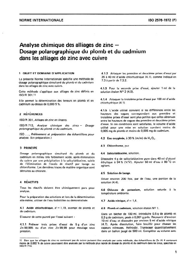 ISO 2576:1972 - Analyse chimique des alliages de zinc -- Dosage polarographique du plomb et du cadmium dans les alliages de zinc avec cuivre