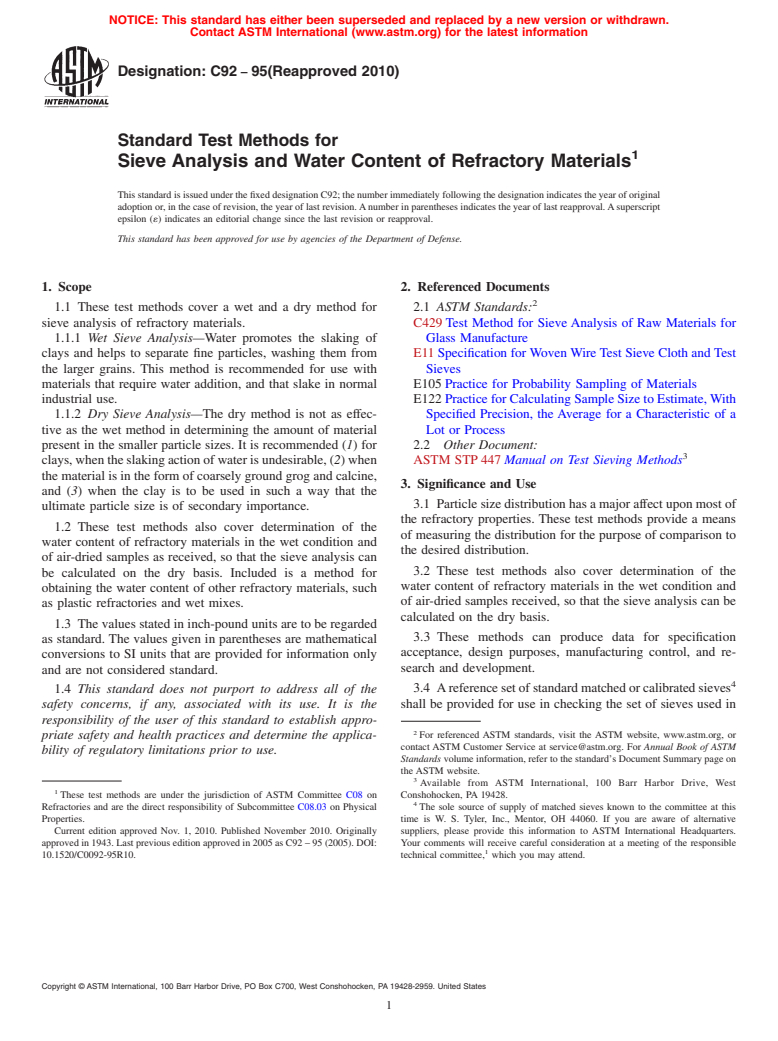 ASTM C92-95(2010) - Standard Test Methods for Sieve Analysis and Water Content of Refractory Materials