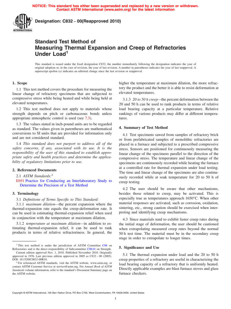 ASTM C832-00(2010) - Standard Test Method of Measuring Thermal Expansion and Creep of Refractories Under Load