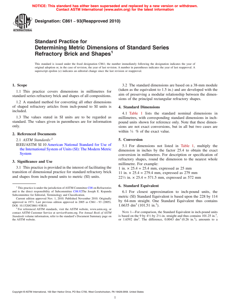 ASTM C861-93(2010) - Standard Practice for Determining Metric Dimensions of Standard Series Refractory Brick and Shapes