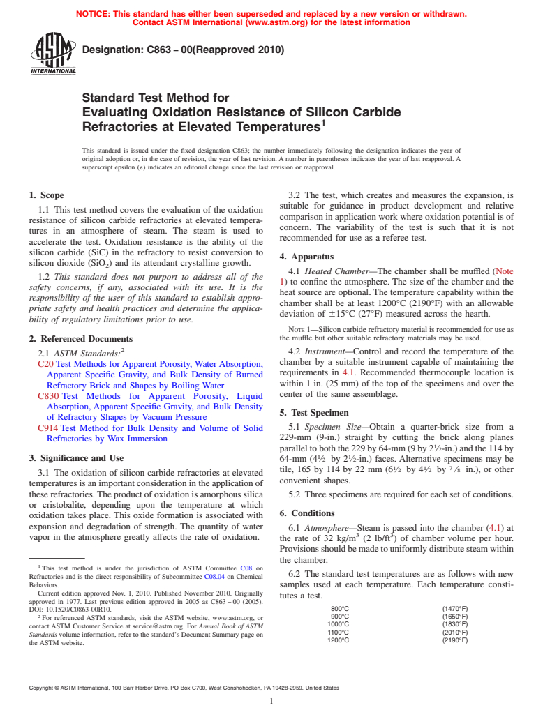 ASTM C863-00(2010) - Standard Test Method for Evaluating Oxidation Resistance of Silicon Carbide Refractories at Elevated Temperatures