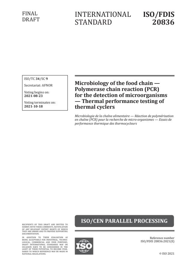 ISO/FDIS 20836:Version 21-avg-2021 - Microbiology of the food chain -- Polymerase chain reaction (PCR) for the detection of microorganisms -- Thermal performance testing of thermal cyclers