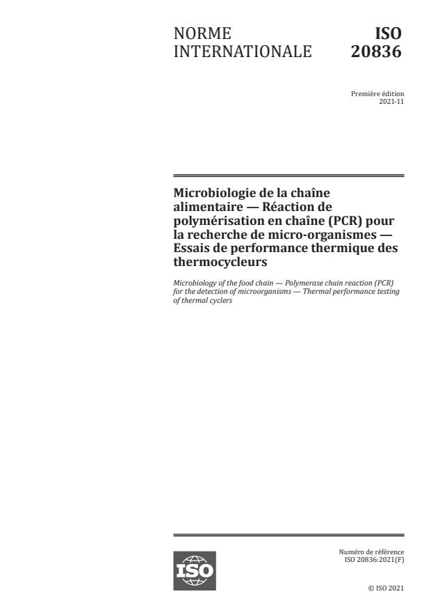ISO 20836:2021 - Microbiologie de la chaîne alimentaire -- Réaction de polymérisation en chaîne (PCR) pour la recherche de micro-organismes -- Essais de performance thermique des thermocycleurs