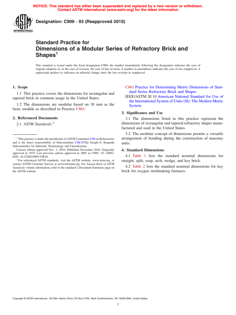 ASTM C909-93(2010) - Standard Practice for Dimensions of a Modular Series of Refractory Brick and Shapes