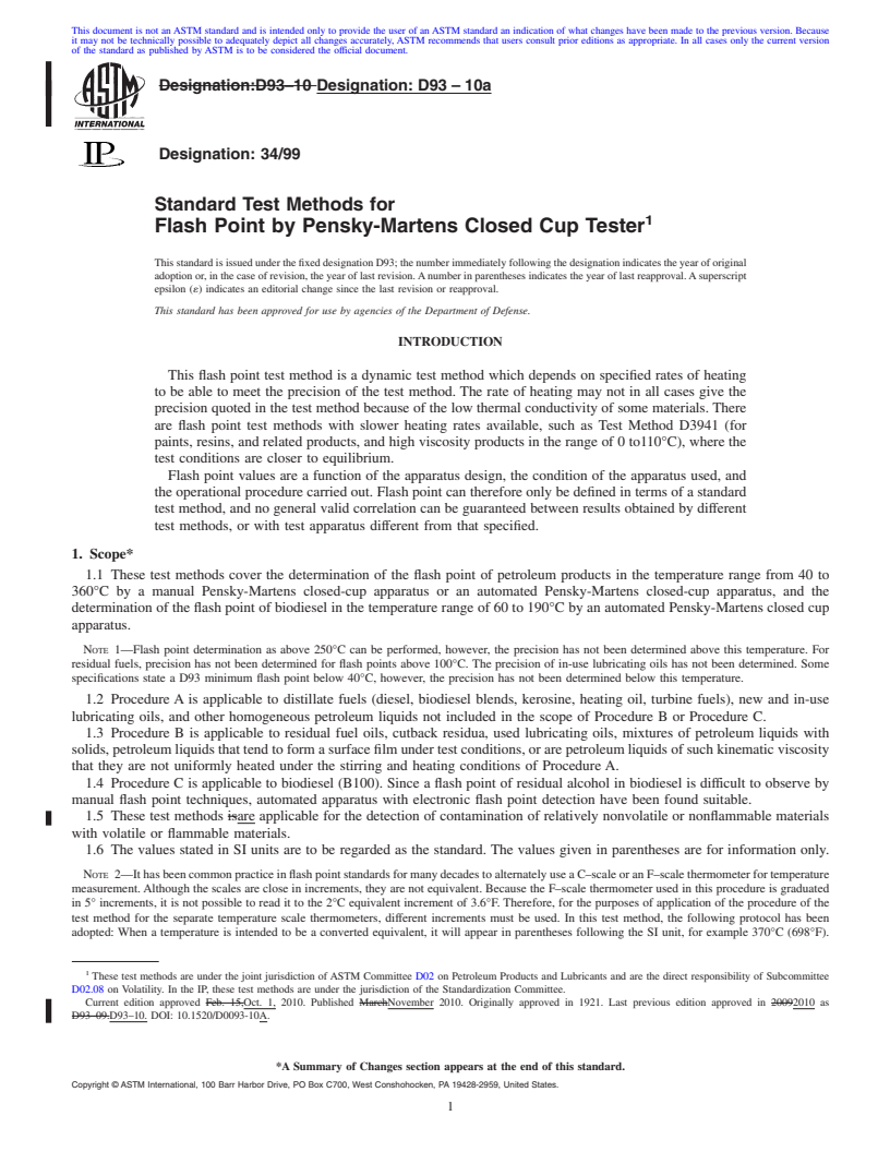 REDLINE ASTM D93-10a - Standard Test Methods for Flash Point by Pensky-Martens Closed Cup Tester