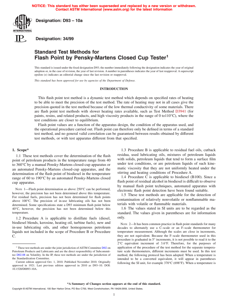 ASTM D93-10a - Standard Test Methods for Flash Point by Pensky-Martens Closed Cup Tester