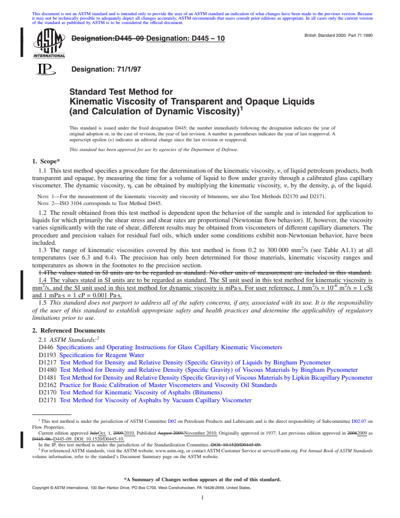 REDLINE ASTM D445-10 - Standard Test Method for Kinematic Viscosity of Transparent and Opaque Liquids (and Calculation of Dynamic Viscosity)